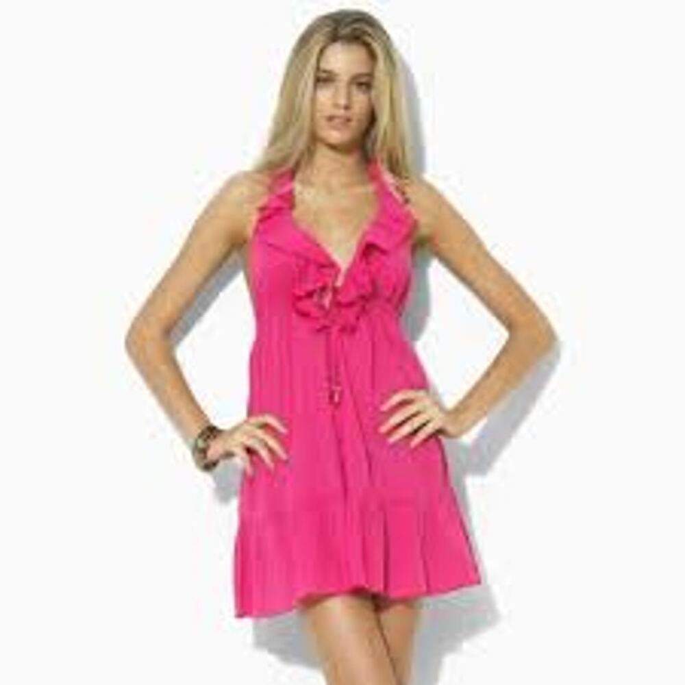 RALPH LAUREN Mini Ruffle Halter Dress BEACH VACATION BOHO Small S Pink Fuchsia